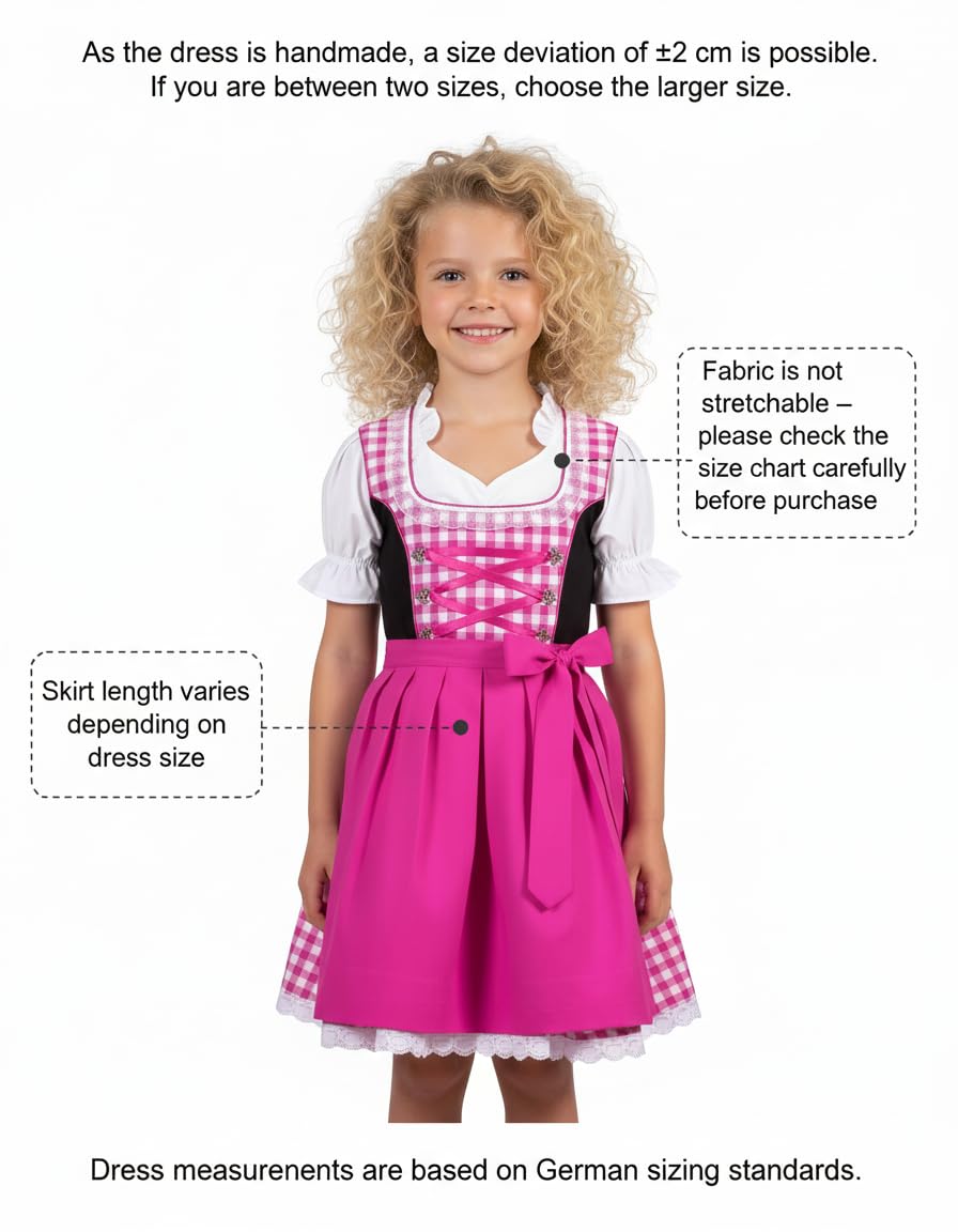 Mädchen Dirndl Set 3-teilig Klassisches Kinder Trachtenkleid mit Bluse & Schürze – Oktoberfest/Festlich – 92–152