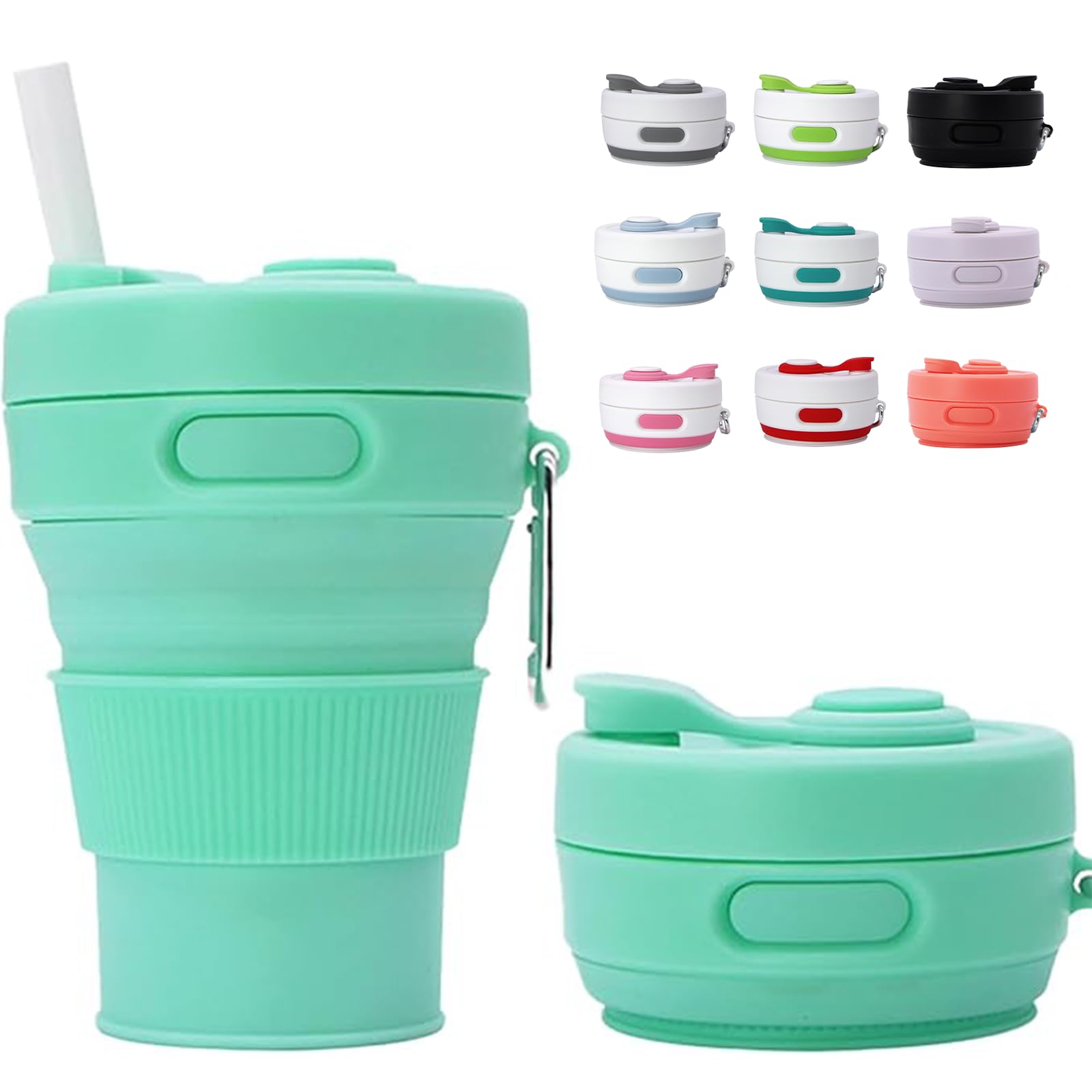 MOMAHUA 450ml/15oz Collapsible Coffee Cup with Lids,Green Silicone Portable Water Cups,Reusable Coffee Mug,Foldable Camping Travel Cup Fits in Your Pocket,Folding Mug Collapses to 6cm