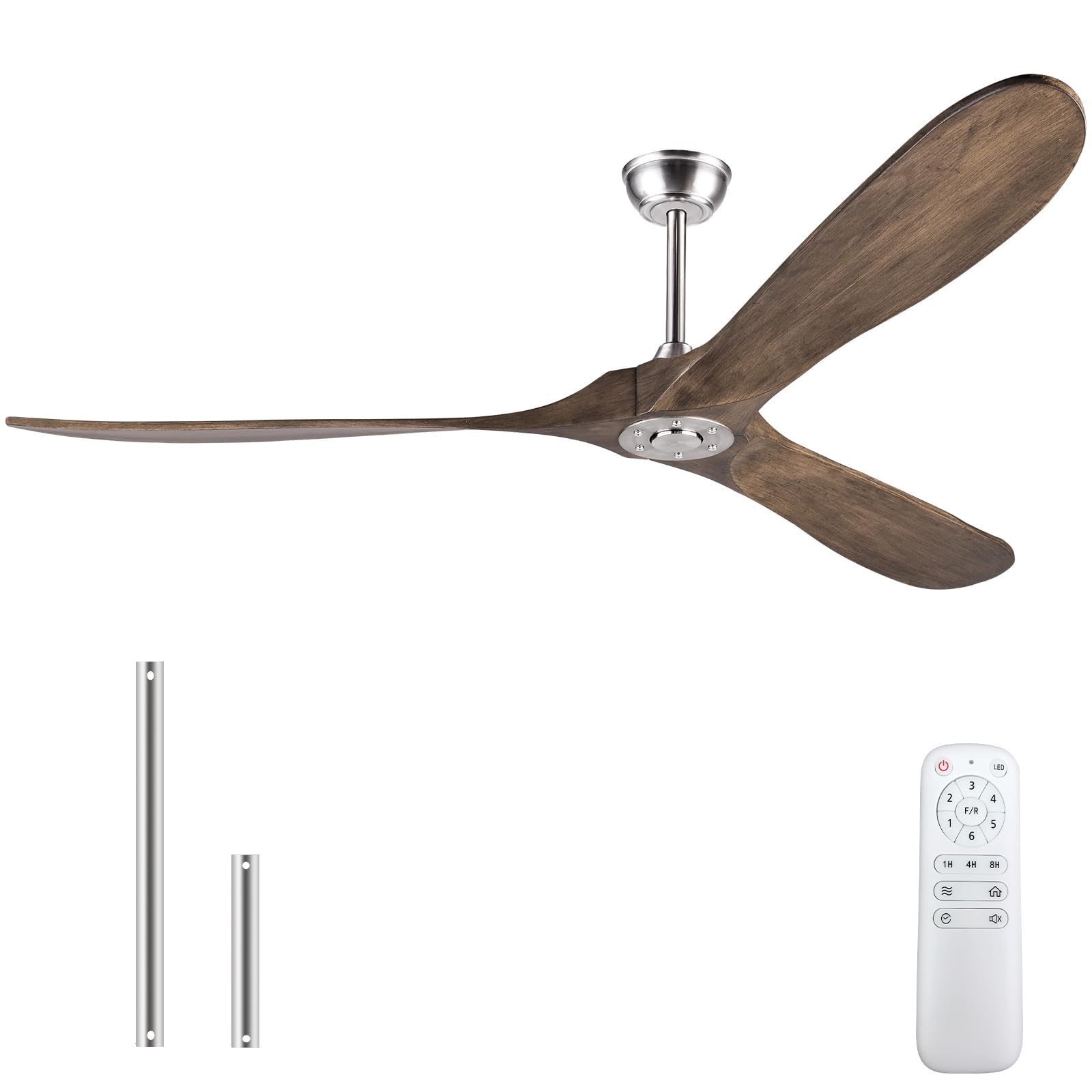 BOOMJOY Wood Ceiling Fans Without Lights, 72 Inch Large Ceiling Fans with Remote, DC Motor, Outdoor Ceiling Fan For Farmhouse, Living Room (Nickel Ceiling Fan no Light + Pewter Wooden Blade)