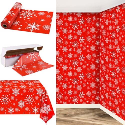 Image of Kochorie 100 Ft x 54 Inch Snowflake Tablecloth Roll with Cutter Box Christmas Themed Snowflake Printed Cut to Size Table Cover Disposable Winter Backdrop for Frozen Birthday Party Supplies