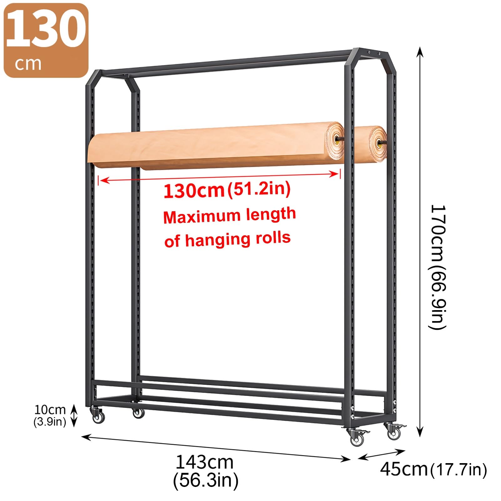 Large Fabric Roll Organizer Storage Rack with Adjustable Hanging Rod, Heavy Duty Steel Vinyl Car Wrap Film Holder, Commercial Window Film/Wrapping Paper Display Racks with Wheels(10 rods,130cm)