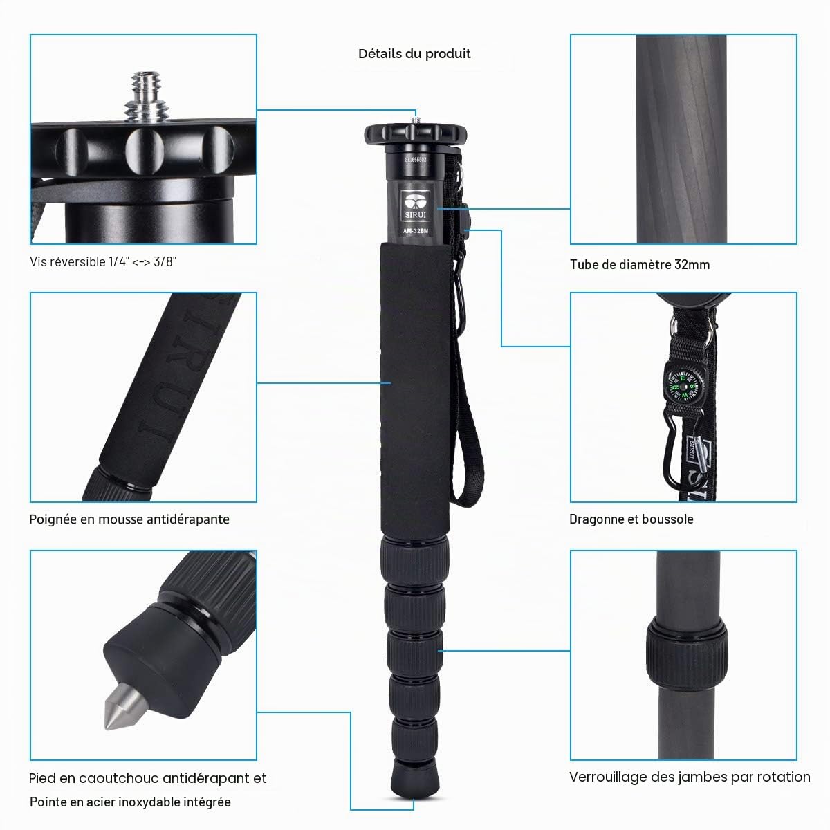 SIRUI Monopode Appareil Photo en Fibre de Carbone,6 Sections Monopode Portable, Monopod de Voyage Charge Maximale 10KG (AM-326M,Noir)
