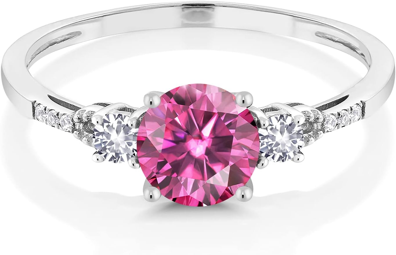 Gem Stone King 10K White Gold Pink Moissanite White Created Sapphire and White Diamond Accent 3-Stone Engagement Ring For Women (0.94 Cttw, Round 6MM, Gemstone Birthstone)
