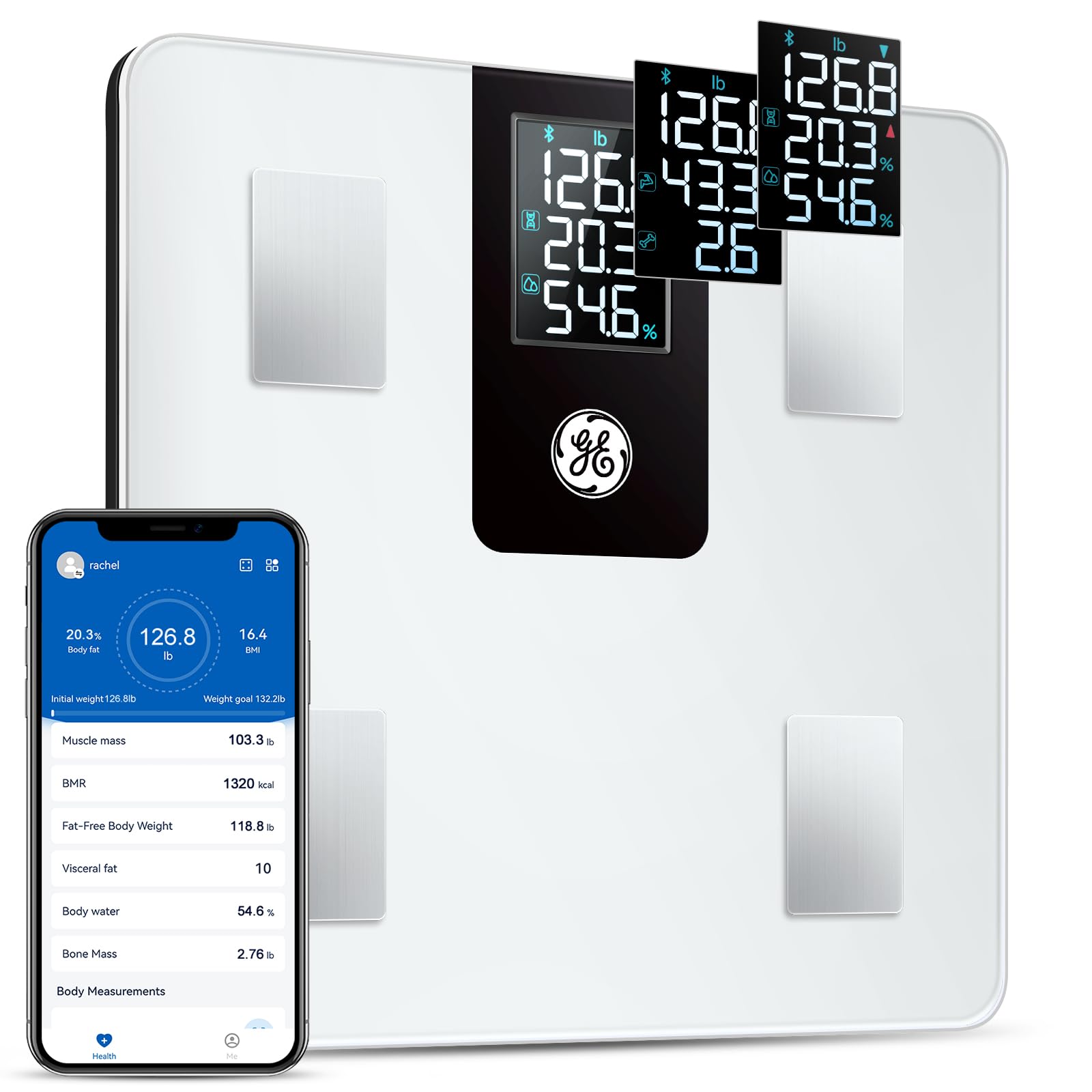 GE Smart Scale for Body Weight BMI Fat Muscle Mass with All-in-one LCD Display, Digital Bathroom Weight Scale Bluetooth Body Composition Monitor with App, Accurate Weighing 400lb White