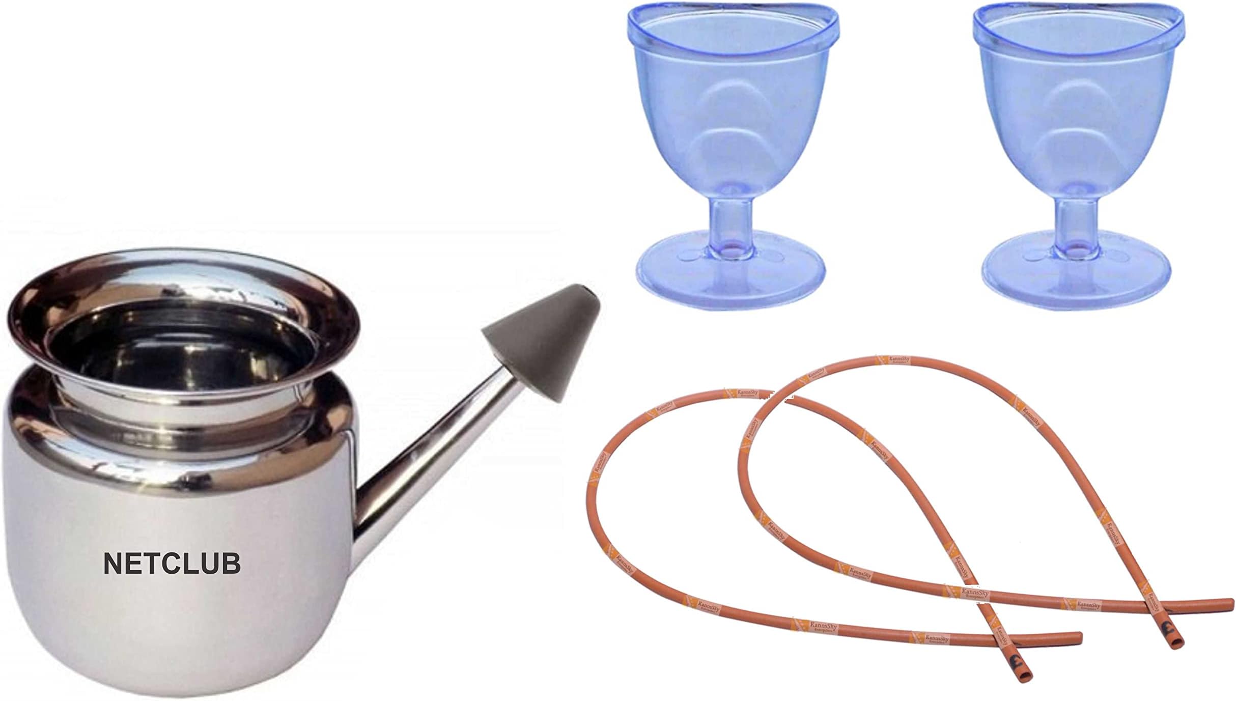 Accupressure Kit Stainless Steel Ayurvedic Jal Neti Pot with 2 Neti Thread Rubber sutra neti for yoga Nasal 2 eye wash cup sinus congestion & Nasal Cleaning Nostril saral yog Neti Thread Rubber Sutra