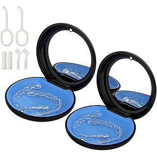 2Pack Retainer Case with Mirror, Compatible with Invisalign, Orthodontic Aligner Case with Removal Tool and Brush, Black