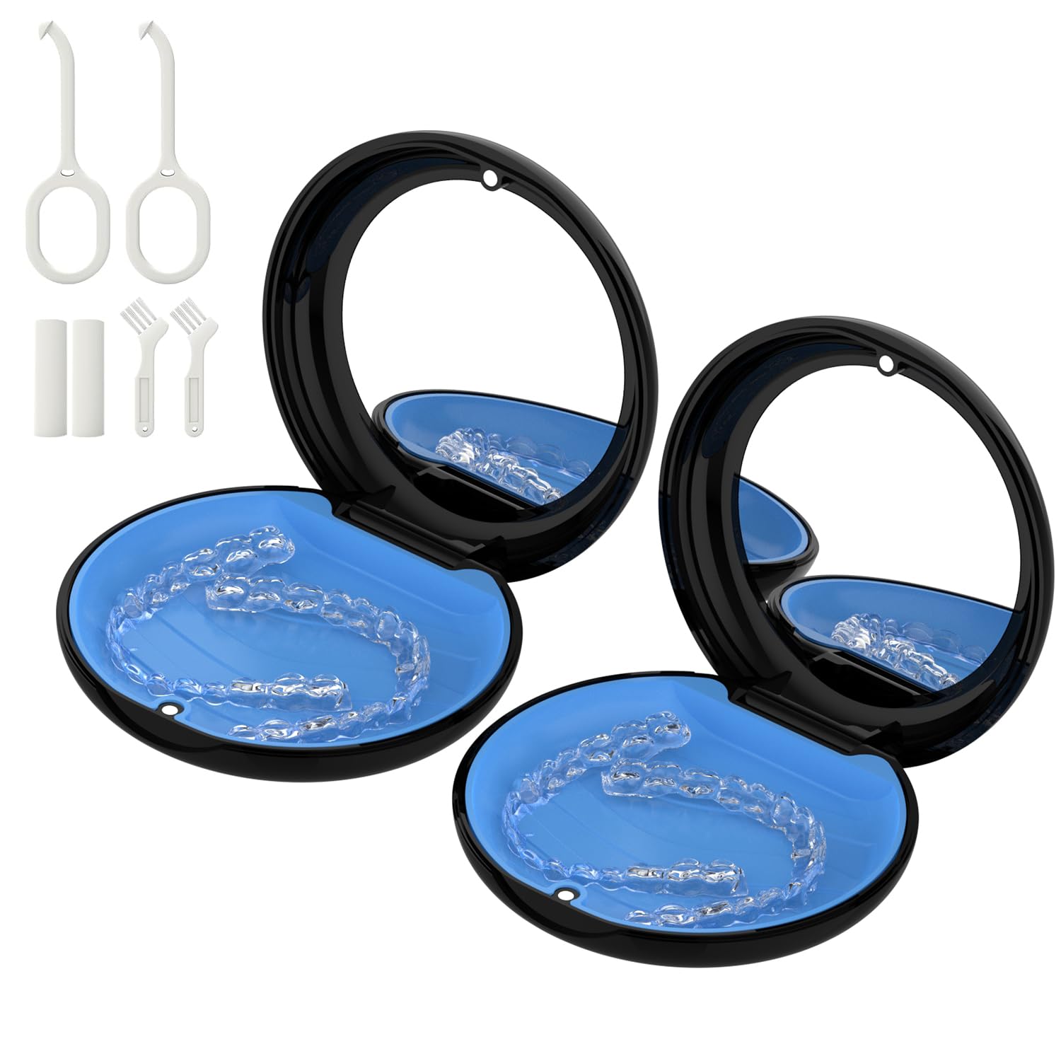 Paquete de 2 fundas de retención con espejo, compatible con Invisalign, funda de alineación ortodóntica con herramienta de extracción y cepillo, color negro