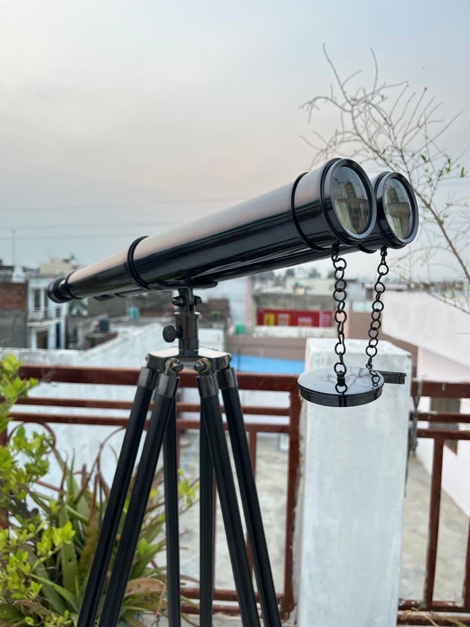 Brass Marine Navy Nautical Double Barrel Binocular with Adjustable Stand Decorative for Home,Office & 18" Telescope & Floor Tripod - Antique & Black Leather (Full Blue Antique)