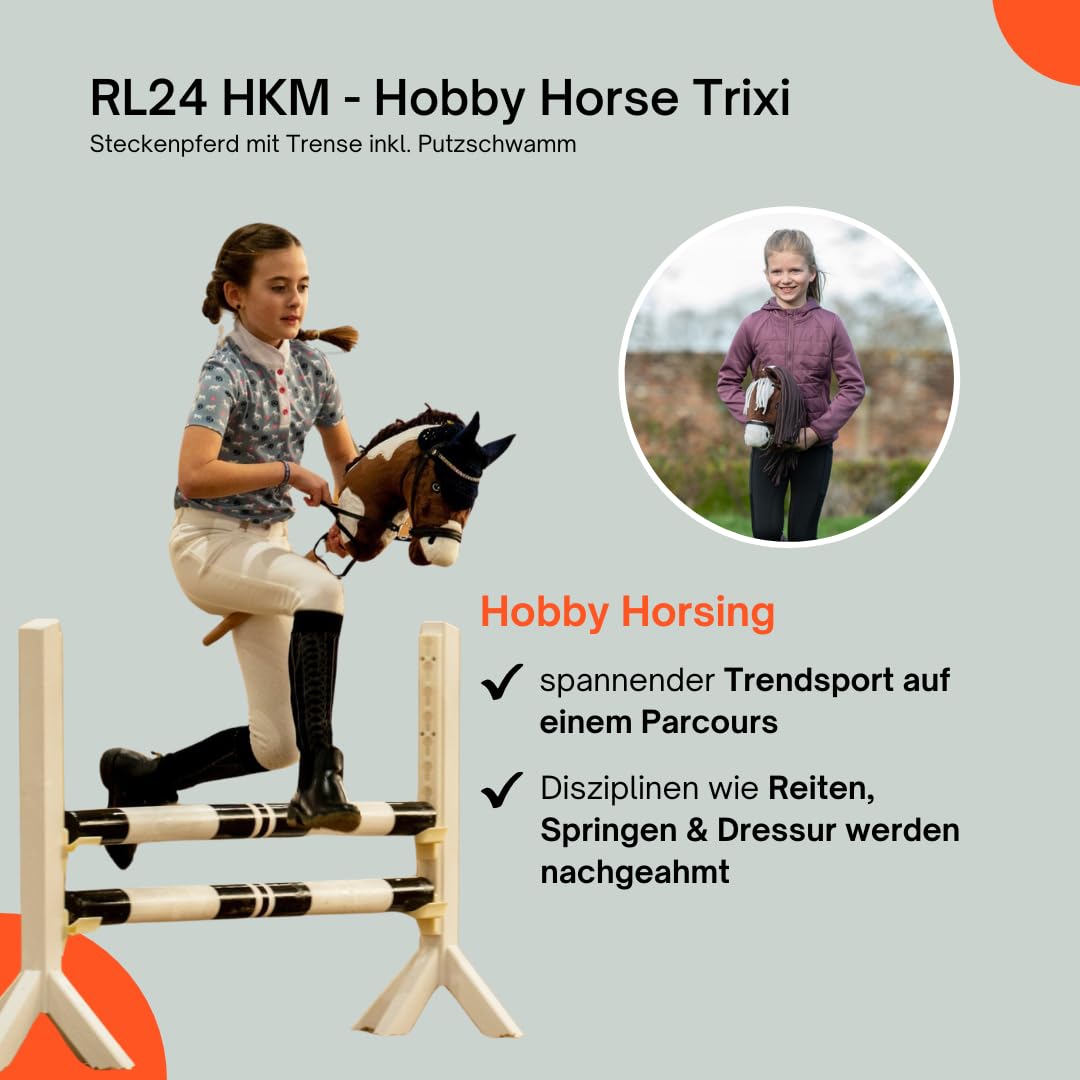RL24 HKM - Hobby Horse Trixie inkl. Putzschwamm – Steckenpferd mit Trense – Spielpferd aus Plüsch mit Holzstock & Langer Mähne – Stockpferd ohne Griffe & Rollen – braun/weiß