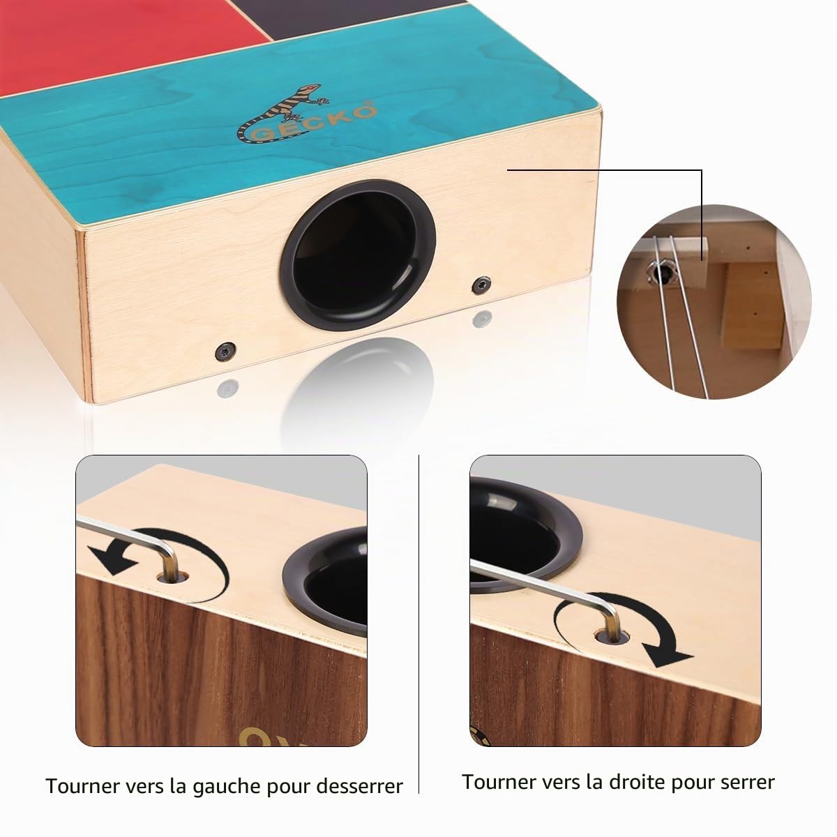 GECKO Cajon Cajon double face en bois avec sons de bongo et de cordes de guitare, percussion à main portable pour batteurs débutants et professionnels, bouleau et noyer, sac de transport inclus