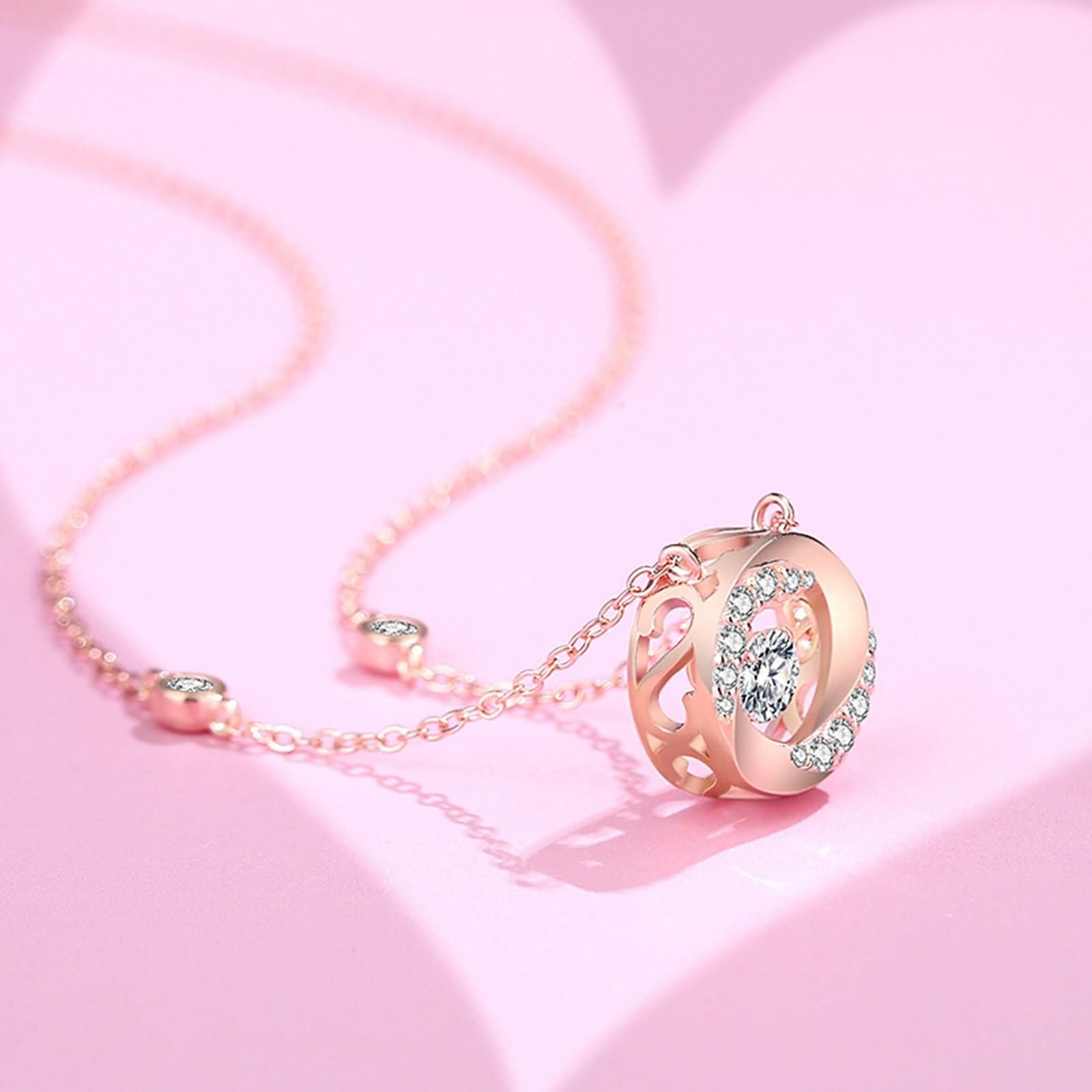 Collana Pendente Oro Rosa 9K / 14K / 18K Donna, Rotondo con Moissanite, Donna Collana in Oro Rosa