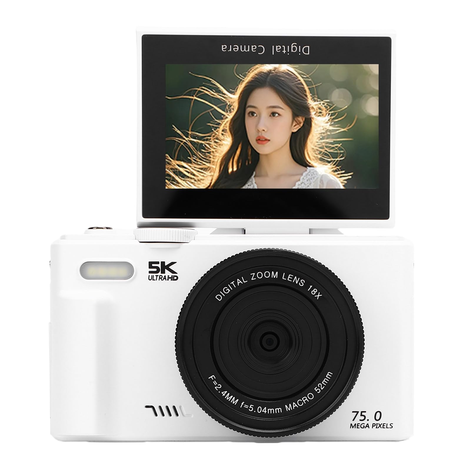 Dpofirs Fotocamera Digitale 5K per Fotografia, Videocamere Vlogging Wi-Fi da 75 MP, con Schermo Orientabile da 3 Pollici e Orientabile a 180 Gradi, Videocamera da Viaggio Compatta per (WHITE)