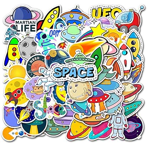 Cartoon Space Planet Space Ship Rocket UFO Stickers Pack 50 Water Bottles Laptop Car Hydroflasks Phone Computer Guitar Skateboard Vinyl Sticker Waterproof Cute Decals for Baby Toddler Teens Kids Cover