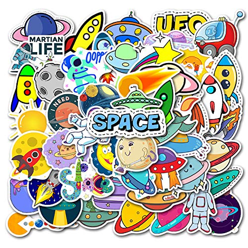 Cartoon Space Planet Space Ship Rocket UFO Stickers Pack 50 Water Bottles Laptop Car Hydroflasks Phone Computer Guitar Skateboard Vinyl Sticker Waterproof Cute Decals for Baby Toddler Teens Kids