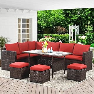 Wisteria Lane 9 Seater Rattan Garden Furniture Set, Outdoor Dinning Set, All-Weather Patio Conservatory Sets, Weaving Wicker Corner Sofa Couch Lounger with Table, Backyard, Deck, Porch, Balcony, Red
