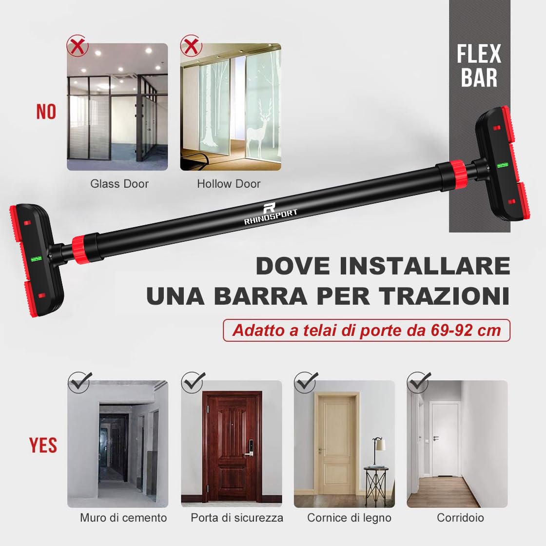 RHINOSPORT Barra per trazioni, Sbarra Trazioni, Barra per Porte, Regolabile da 69 cm a 92 cm, montabile Senza Viti, Antiscivolo, Tenuta sicura