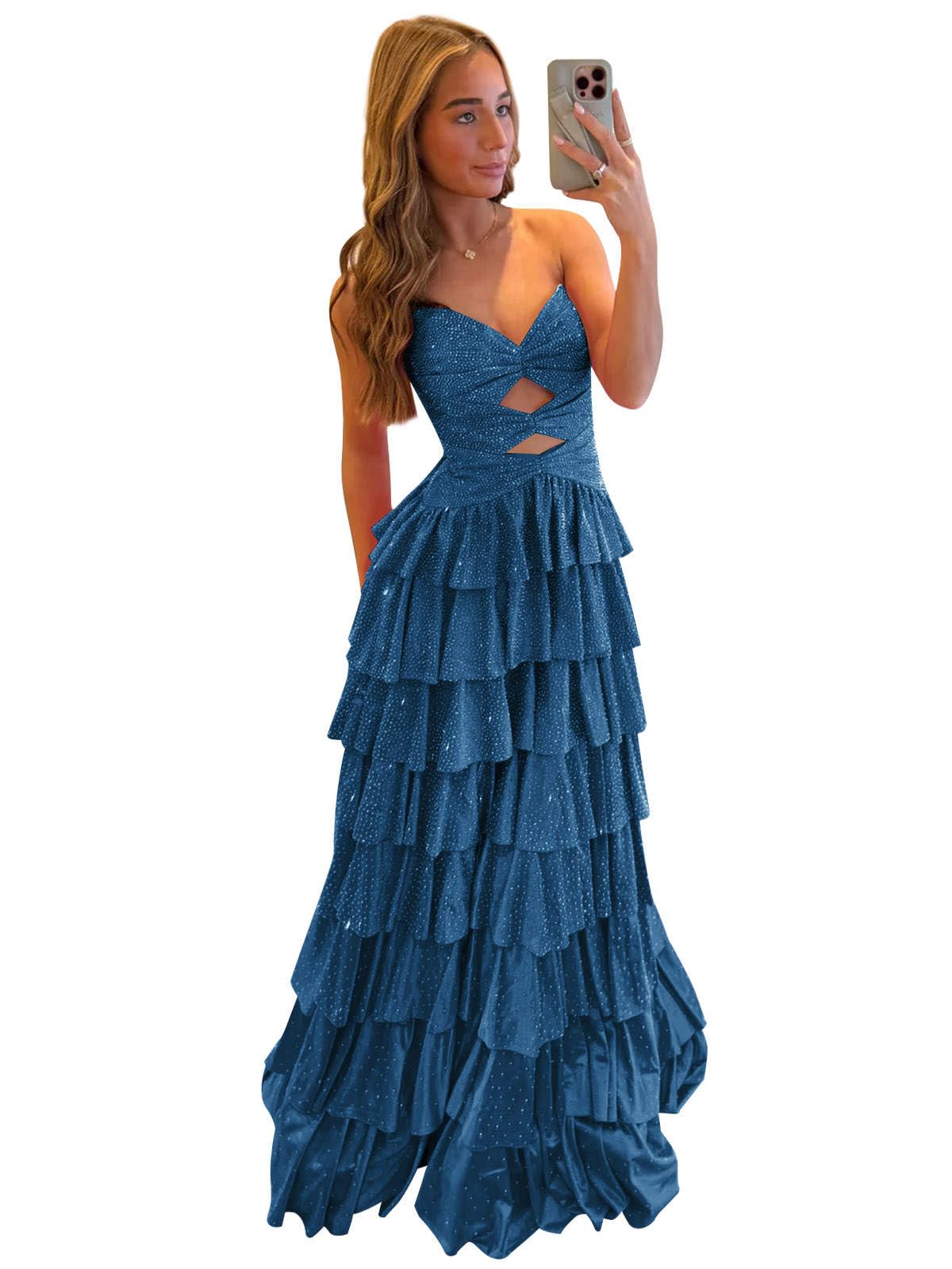 Sparkly Sequin Tiered Prom Dresses 2026 Strapless Cutout Satin Formal Dress with Slit