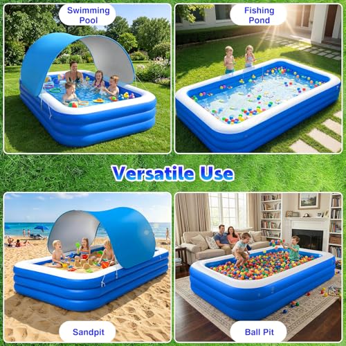 Image of MoKo Inflatable Swimming Pool with Canopy, Large Blow Up Pool with Shade for Adults Kids Kiddie Toddler, 102 inch x 65 inch x 23 inch Big Foldable Family Above Ground Pools for Backyard Garden, Blue /White
