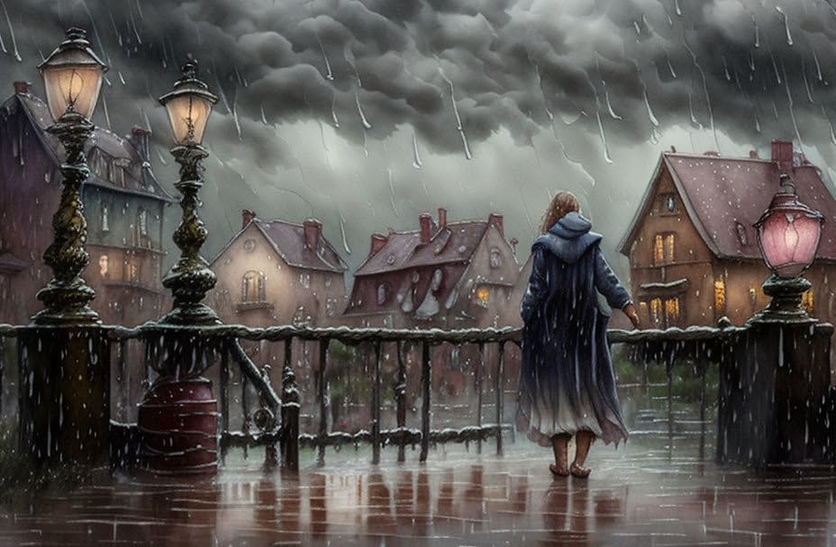 Poster sur toile village orageux SERENDIPITP poésie d'une nuit de pluie pour votre décoration