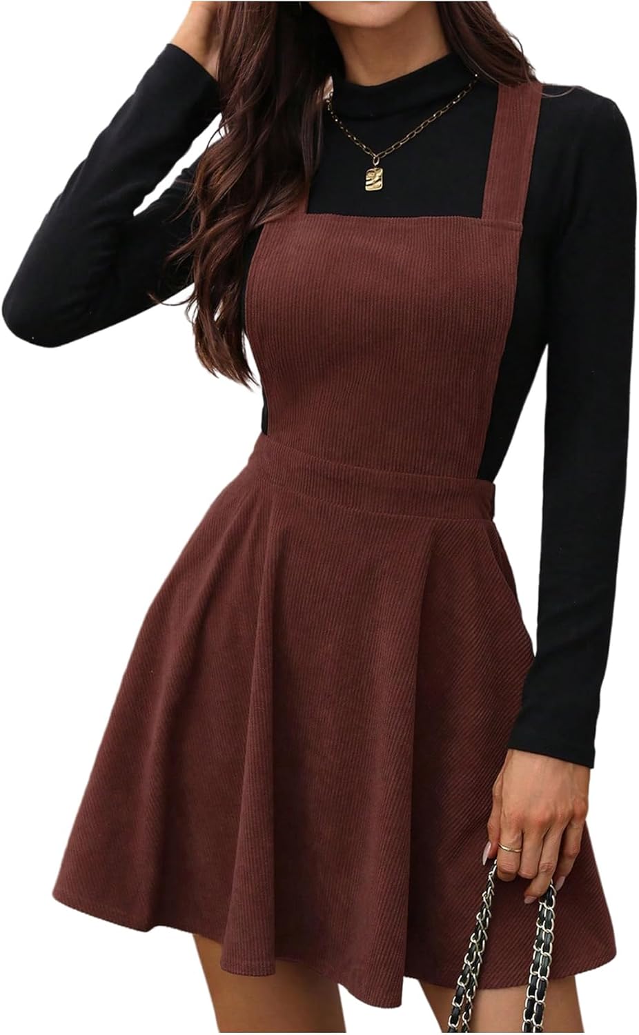 SOLY HUX Women's Corduroy Overall Mini Dress Sleeveless Square Neck A Line Pinafore Dresses