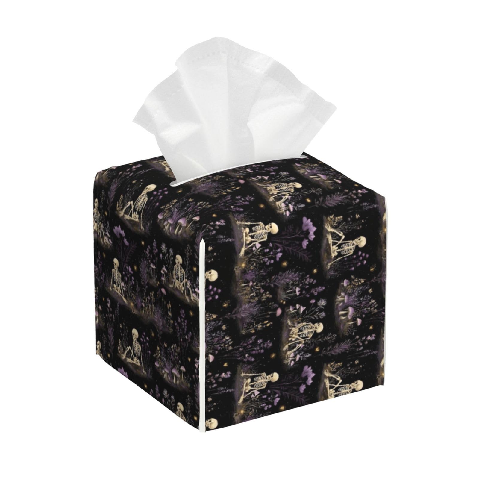 Moonlit Skull Flower Purple Print Tissue Box Cover Holder Square, Foldable Modern Cube Tissue Box Cover, Leather Decorative Organizer for Tabletop Bathroom Car Office Desk Decor