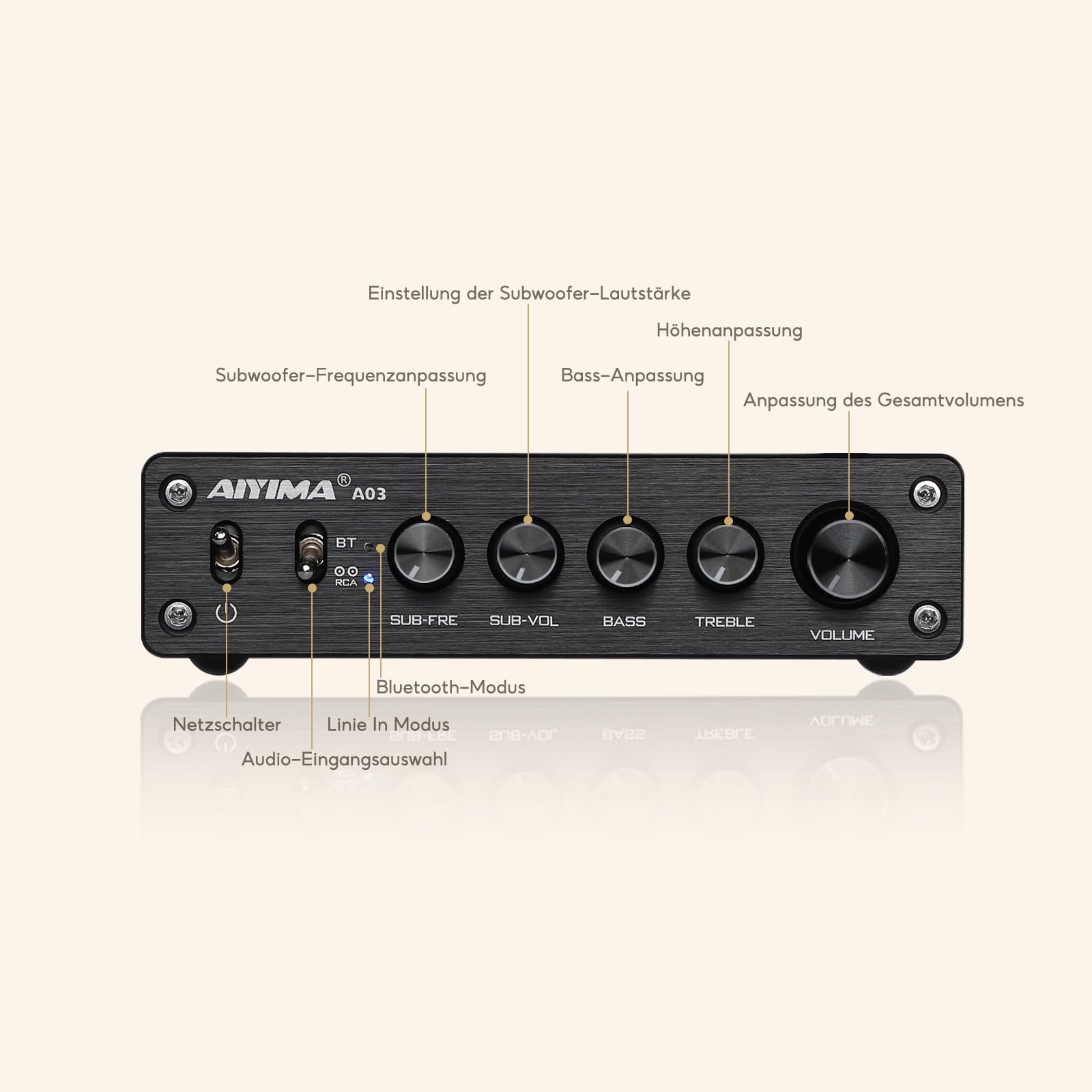 AIYIMA A03 TPA3116 Subwoofer Bluetooth 5.2 Stereoverstärker 2.1 Kanal HiFi-Leistungsverstärker 50W x 2 + 100W Audioverstärker mit DC 24V Netzteil