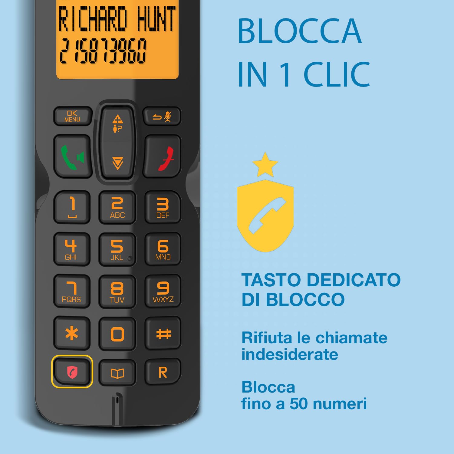 ALCATEL S280 - Telefono Fisso Cordless DECT - Design Compatto - Grande Display Retroilluminato - Vivavoce - Funzione Blocco Chiamate - Rubrica da 50 Contatti - Nero/Arancione