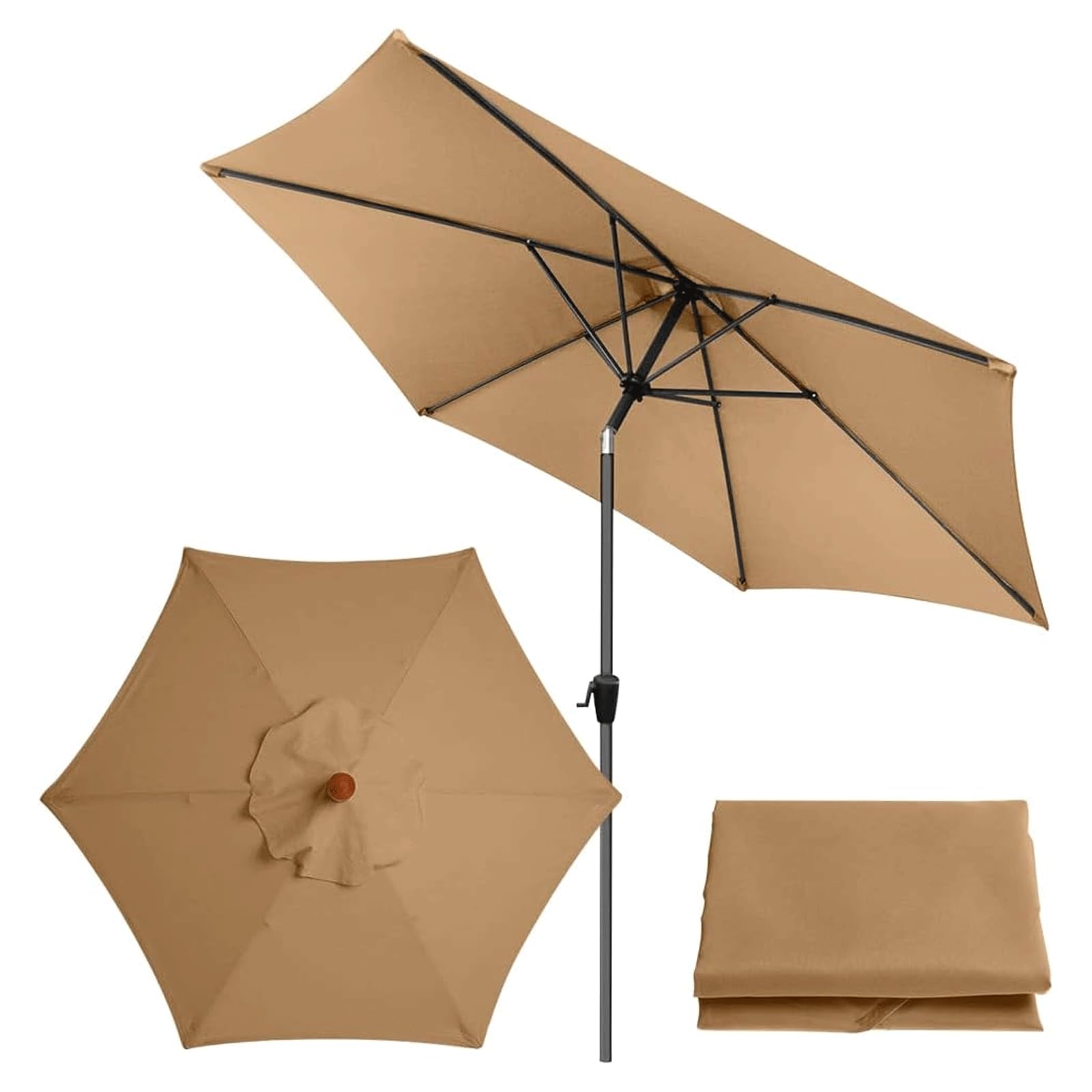 Copertura sostitutiva per parasole, tessuto di ricambio ombrellone, telo protettivo giardino, terrazzo, cortile, spiaggia, piscina, mercato & tavolo da giardino, 3m / 6 stecche, Cachi