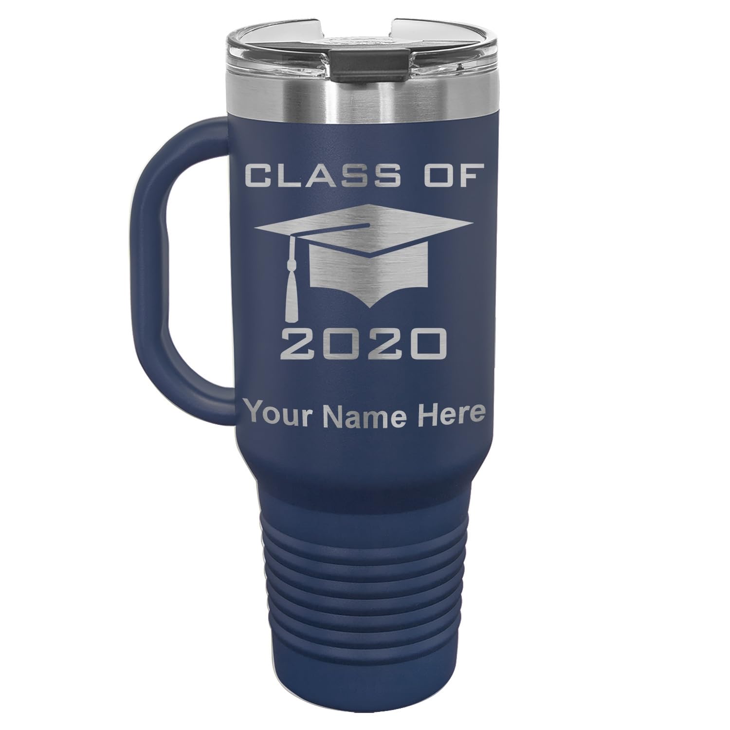LaserGram 40oz Vacuum Insulated Travel Mug with Handle, Grad Cap Class of 2023, 2024, 2025, 2026, Personalized Engraving Included (Navy Blue)