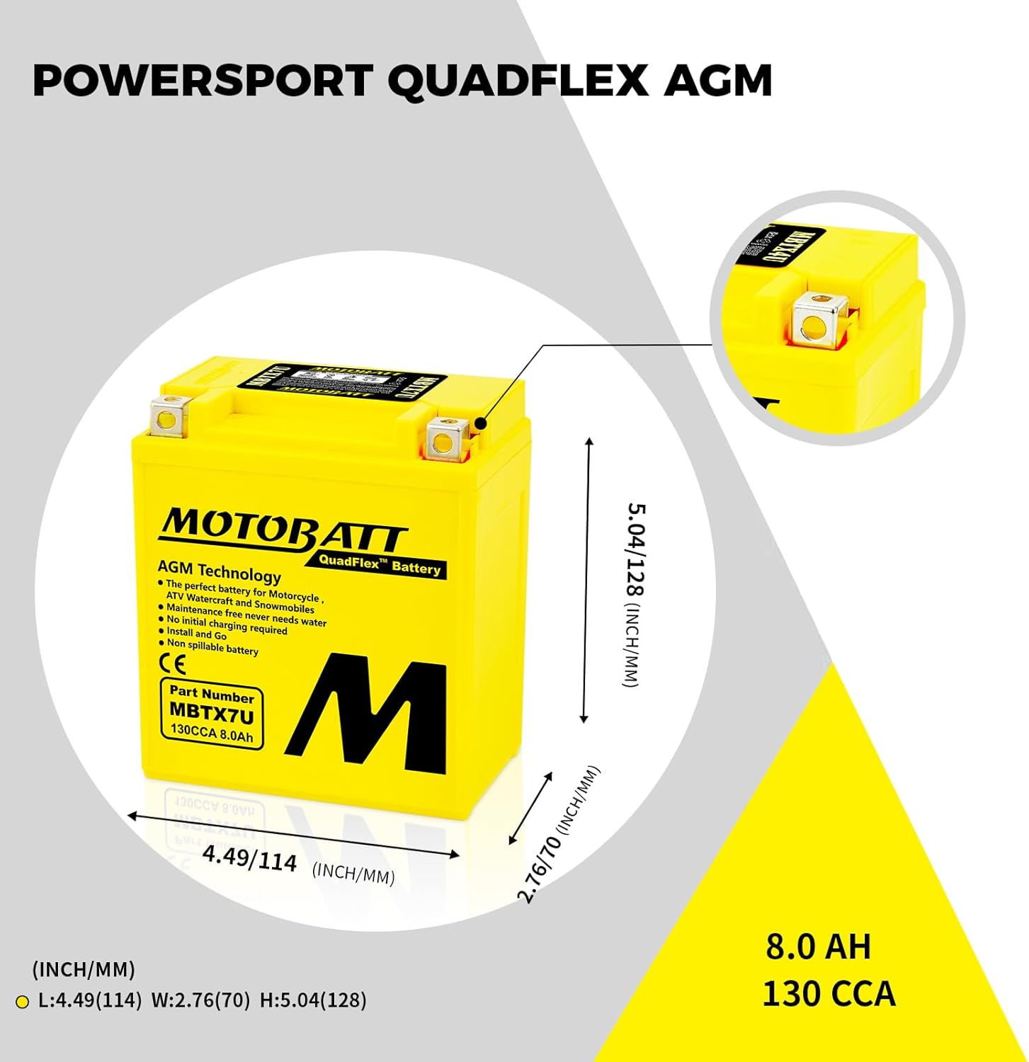 MotoBatt MBTX7U (12V 8 Amp) 115CCA Factory Activated QuadFlex AGM Battery