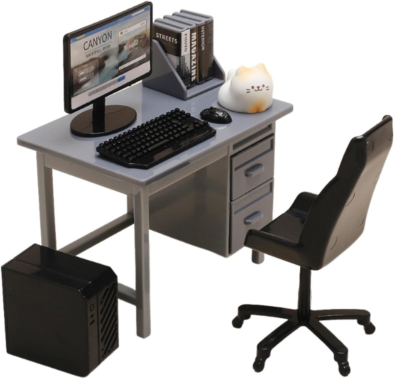Miniature Computer Dollhouse Furniture Set with Table Chair Keyboard Simulation Props Made from Pp Suitable for Children’s Pretend, Grey Desk