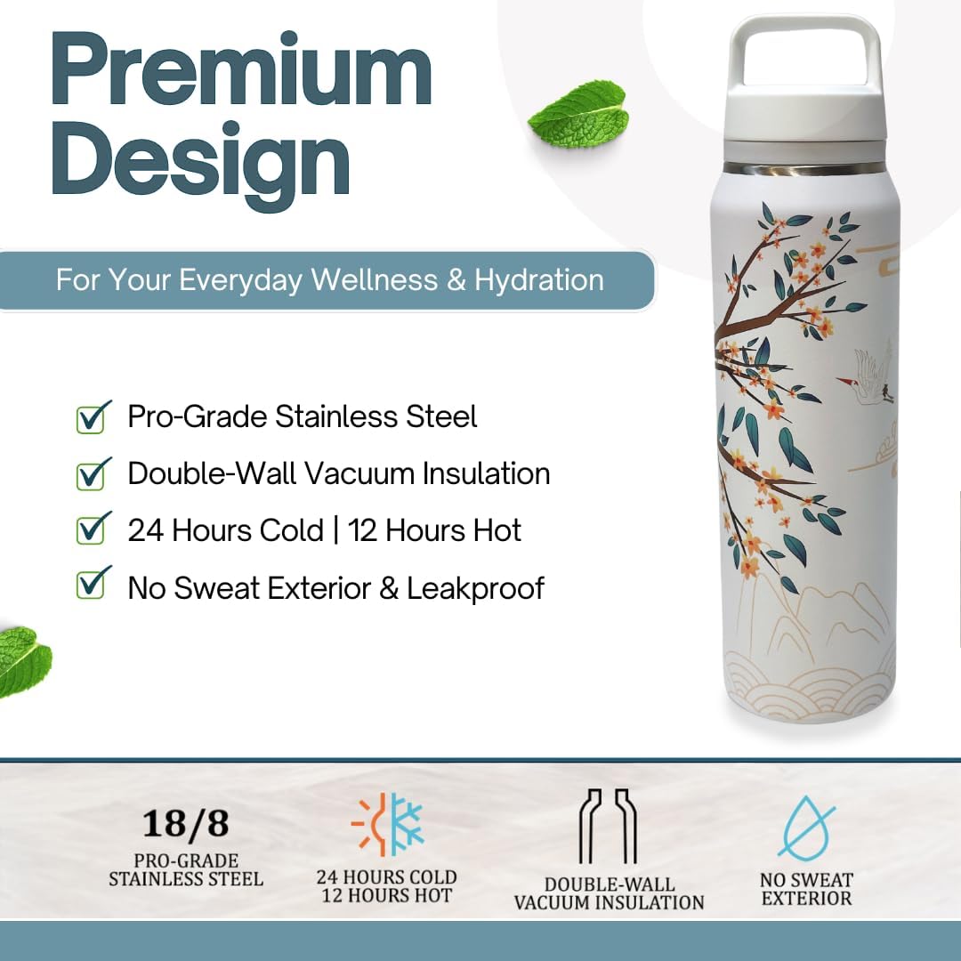 Farasi Tea Infuser Bottle for Loose Leaf Tea Insulated Stainless Steel Water Bottle Tumbler - Coffee, Fruit, Portable Infuser Bottle - Leakproof Built In Handle White Floral 24 oz