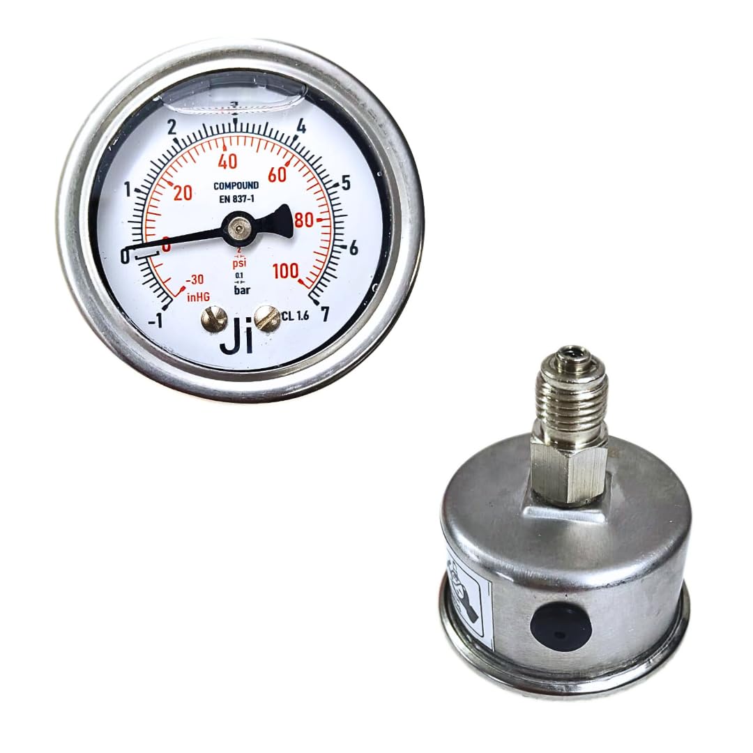 "Ji" Japsin Instrumentation Economical Glycerin Filled Compound Gauge, 2" (50 mm) Dial, Range -1 to 7 Bar (-30 inHg to 100 PSI), Direct Mounting Back Entry, 1/4" BSP Connection, SS Material-image-48