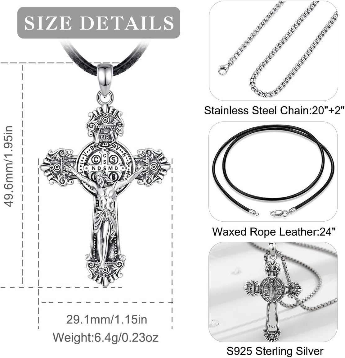 EUDORA 925 Sterling Silver St Benedict/St Michael/St Christopher/Archangel Raphael Gabriel Metatron/Virgin Mary/St Joseph/St Anthony Crucifix Pendant Bible Verse Prayer Necklace Jewelry for Men Women - Image 4