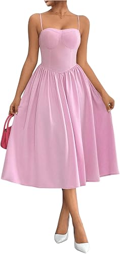 SOLY HUX Women's Sleeveless Midi Corset Dress Flared A Line Flowy Party Cami Dre