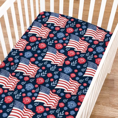 Image of American Flag Blue Red Floral Baby Crib Sheets for Boys Girls 52 inchx28 inch Patriotic 4th of July Independence Day Soft Breathable Toddler Nursery Bed Sheet for Standard Crib and Toddler Mattresses Navy