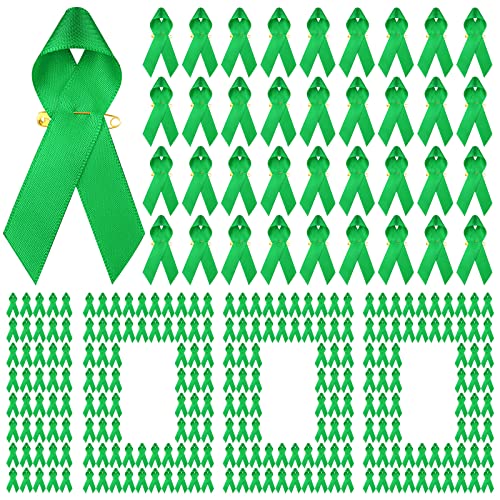 Yunlly Mental Health Awareness Ribbon with Safety Pins Bulk Green Ribbon Satin Kidney Disease Liver Cancer Awareness Items for Women or Men Charity Public Social Event Public(600 Pieces)