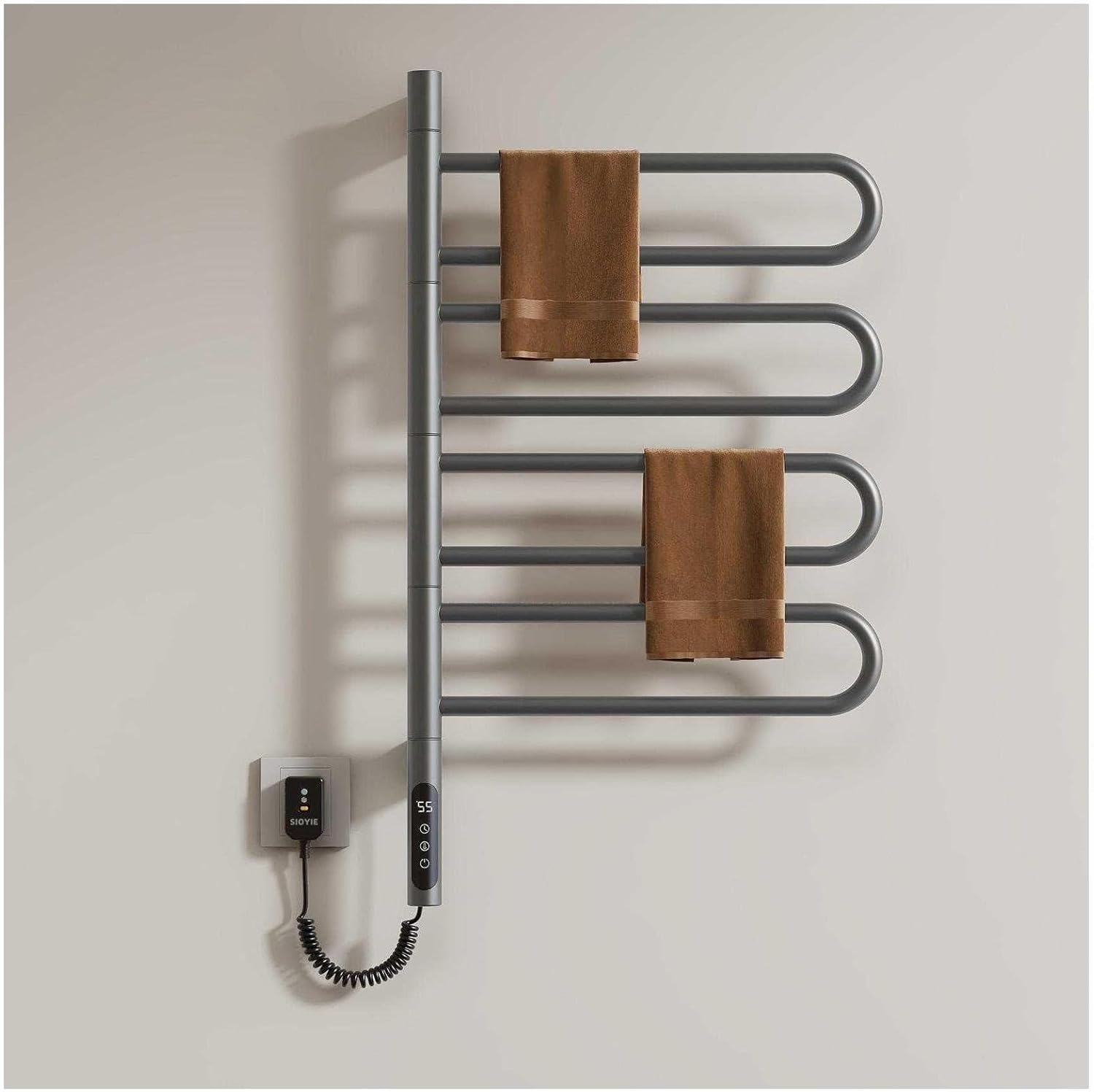 Electric Towel Warmer 180° Rotating, Hot Towel Warmer with Timer and Smart Temperature Control, Heated Towl Rack Hard Wired/Plug-in,Black (Gray)