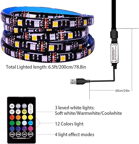 Miniatura 5 de Joursdela 1 tira de luz LED 5050+4040 de 5 V, 6.5 pies, RGB+WW, alimentada por USB, 24 teclas de control remoto para dormitorio, pasillo, decoración