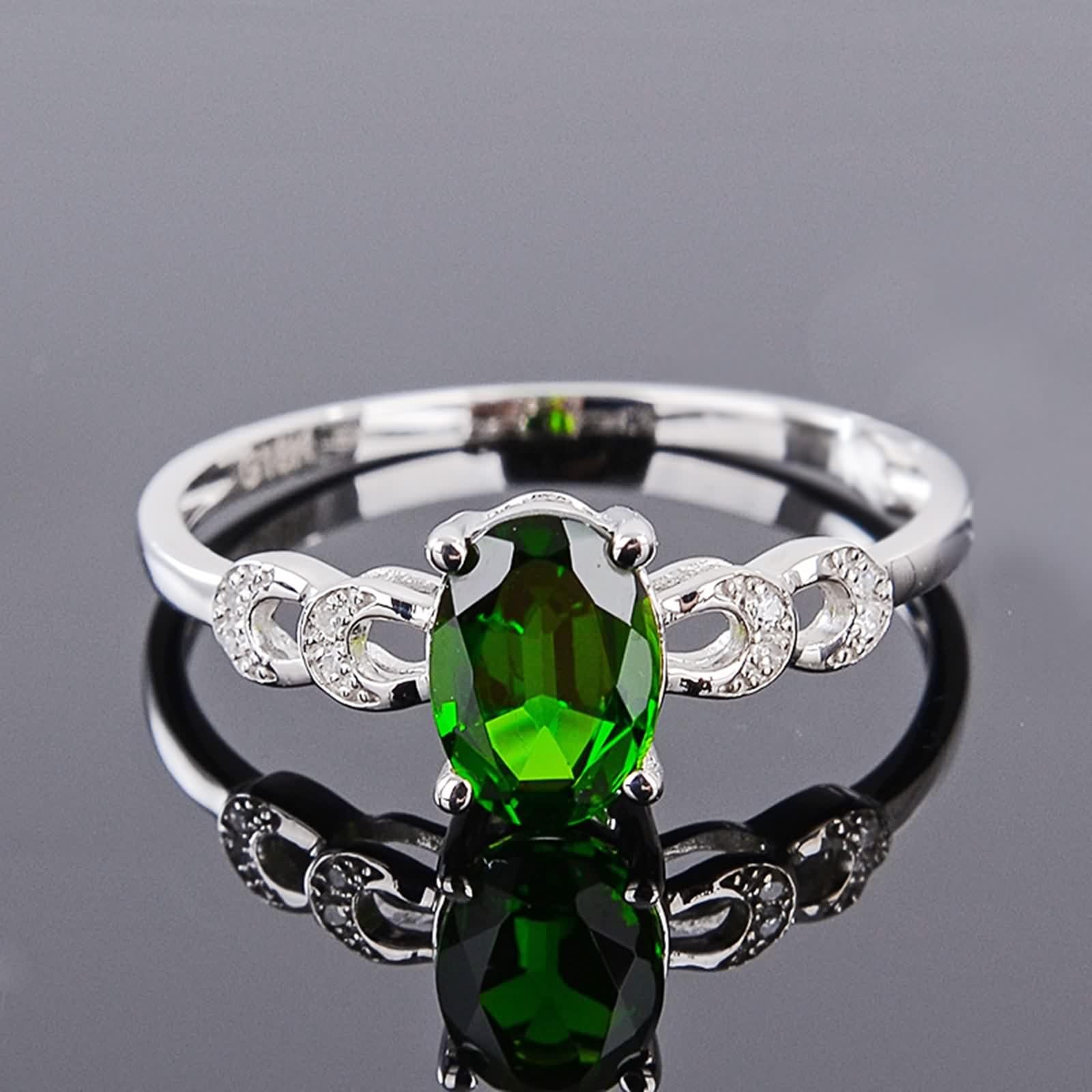 Anillo de oro blanco, anillo de compromiso para mujer, color plateado, verde, ovalado, diópsido hueco, ajuste cómodo
