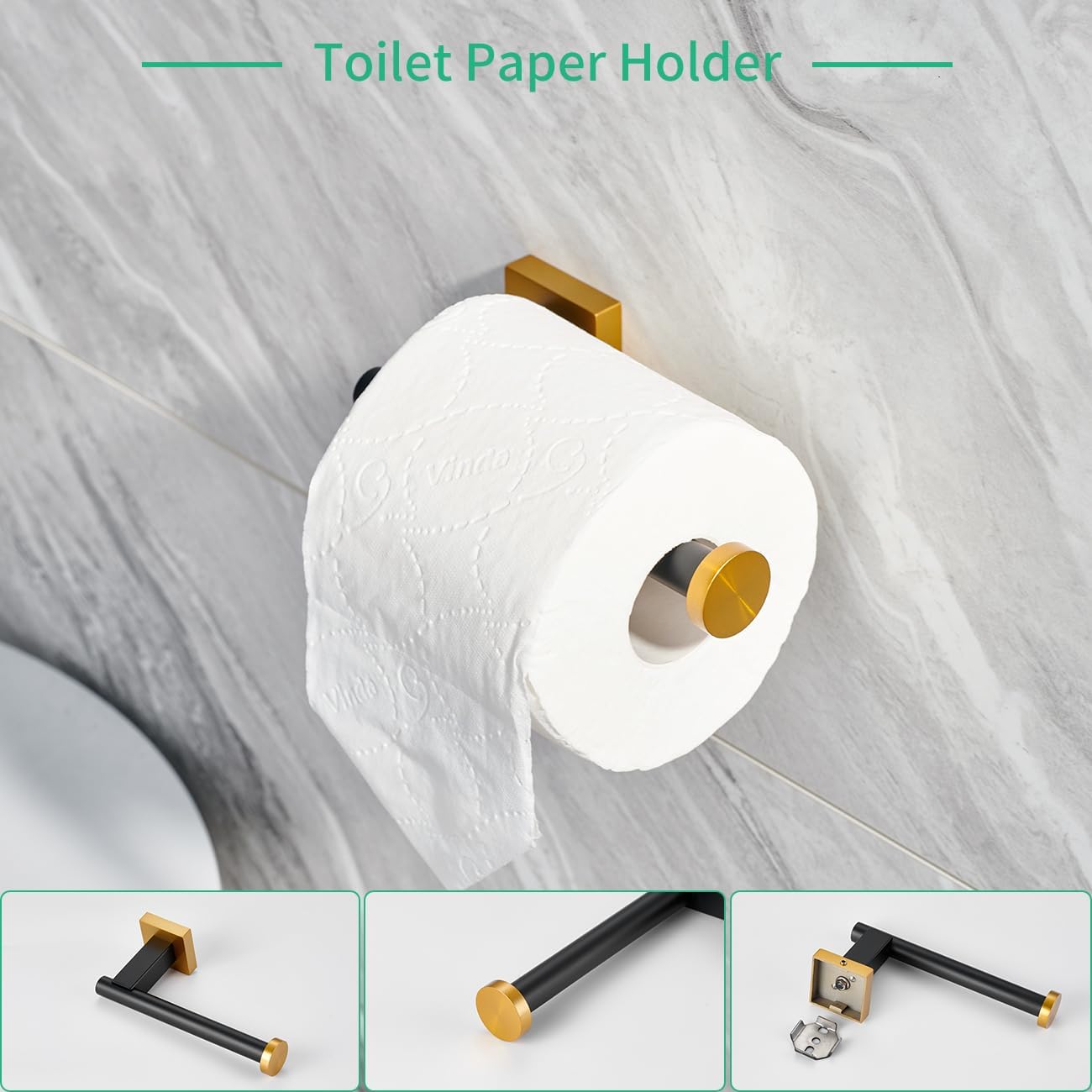 Miyili 4-Piece Bathroom Hardware Kit Set Stainless Steel Wall Mount - Includes Double Towel Bar, Hand Towel Rack, Toilet Paper Holder, Robe Hook, Black & Gold, BS02BG4 - Image 7