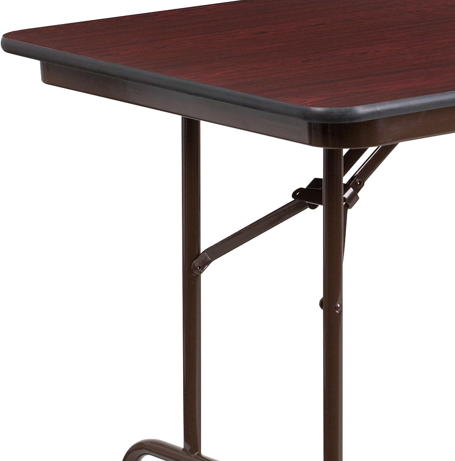 BOWERY HILL 30" x 72" Folding Table, Mahogany Finish, 6' Rectangular Wood Top with Brown T-Mold Edge, 18 Gauge Steel Legs, Commercial Grade, Space-Saving Design for Banquet, Cafeteria, or Home Use