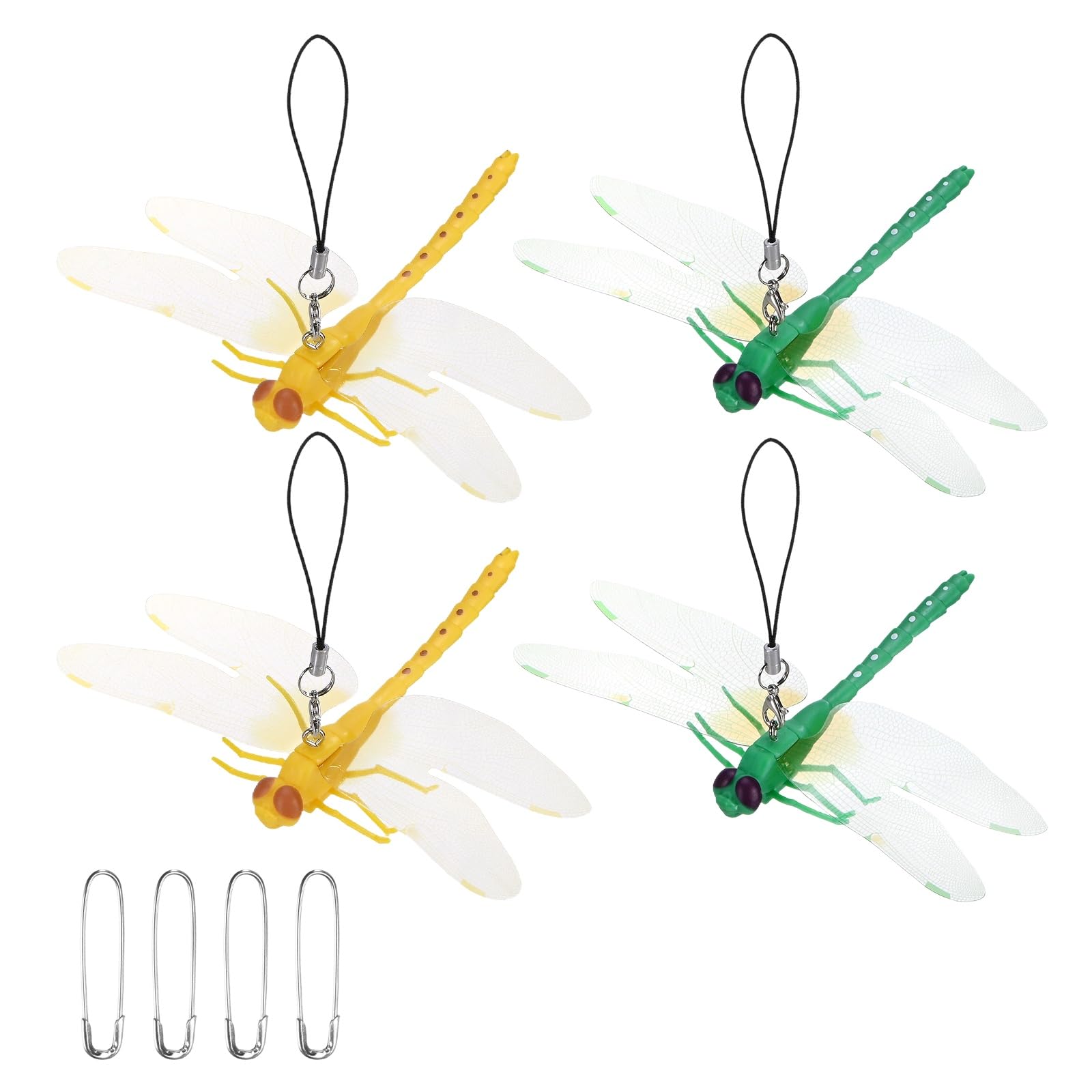 M METERXITY 4 PCS Dragonfly Clips, 5.51" x 3.54" Plastic Realistic Dragon Fly with Hanging Rope for Hat/Backpack/Outdoor Garden Stakes Decor/Yard, Fake Clip on Dragonfly Decoy [Yellow/Green]
