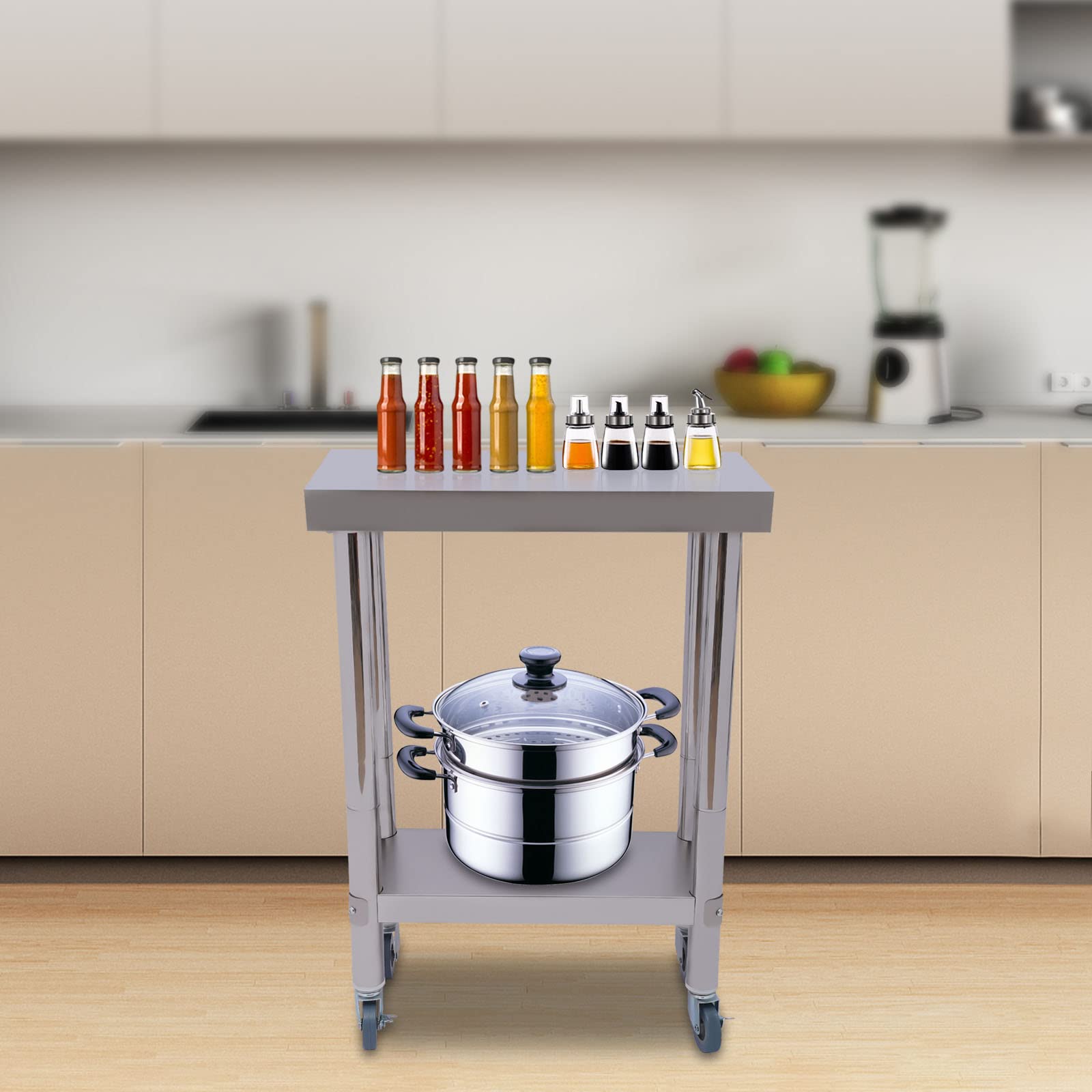Banco Da Lavoro Portatile In Acciaio Inox 60x30x85 Cm Per Ristoranti E Bar: Carico 300 Kg, Due Piani