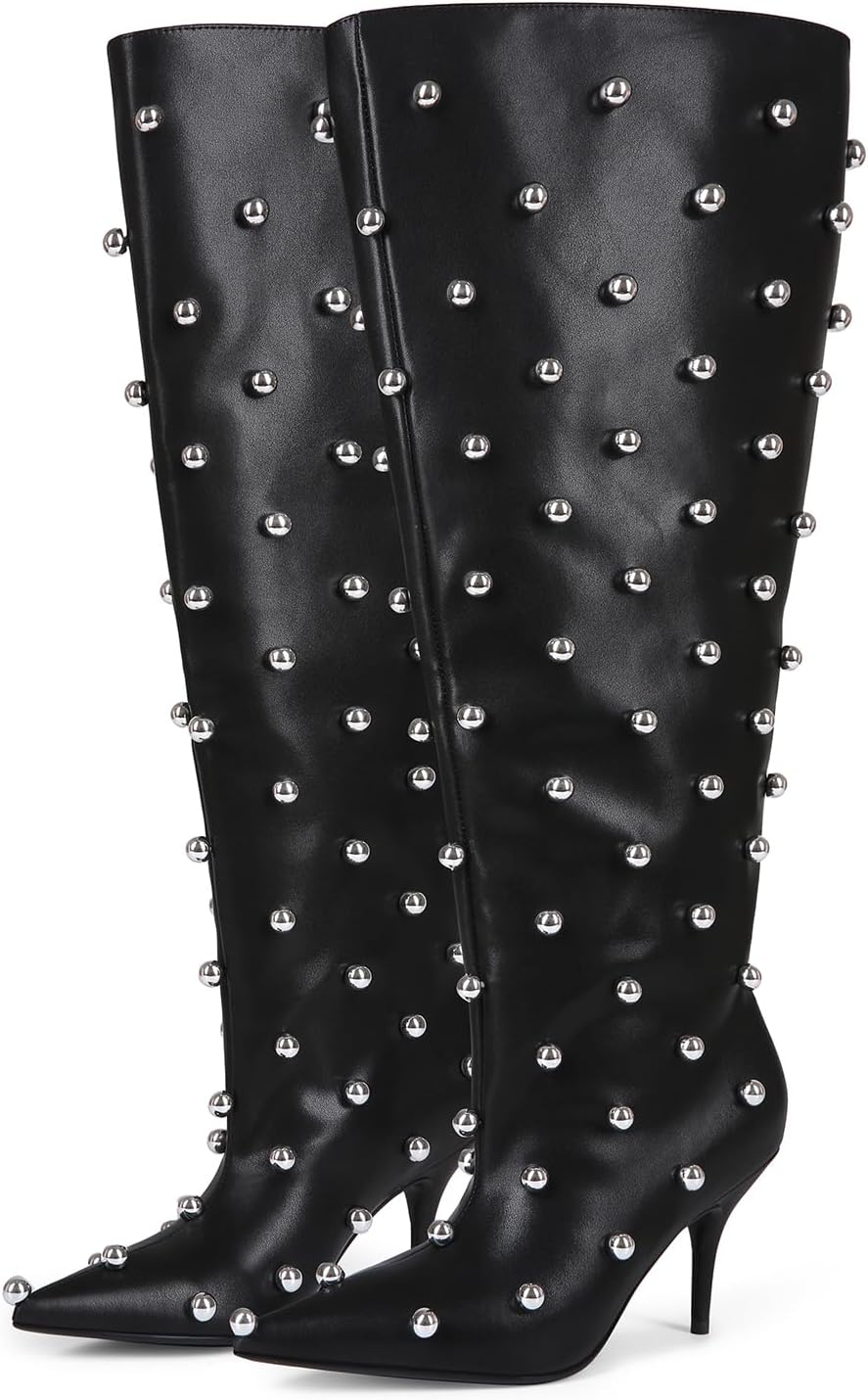 Wide Calf Boots for Women 3.4 Inch Stiletto Heels Knee High Pointed Toe Studded Black Pull On Fashion Tall Boots Y2K Style Comfortable
