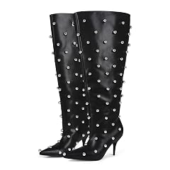 Wide Calf Boots for Women 3 4 Inch Stiletto Heels Knee High Pointed Toe Studded Black Pull On