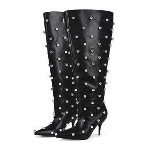 Wide Calf Boots for Women 3 4 Inch Stiletto Heels Knee High Pointed Toe Studded Black Pull On