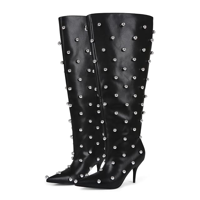 Wide Calf Boots for Women 3 4 Inch Stiletto Heels Knee High Pointed Toe Studded Black Pull On