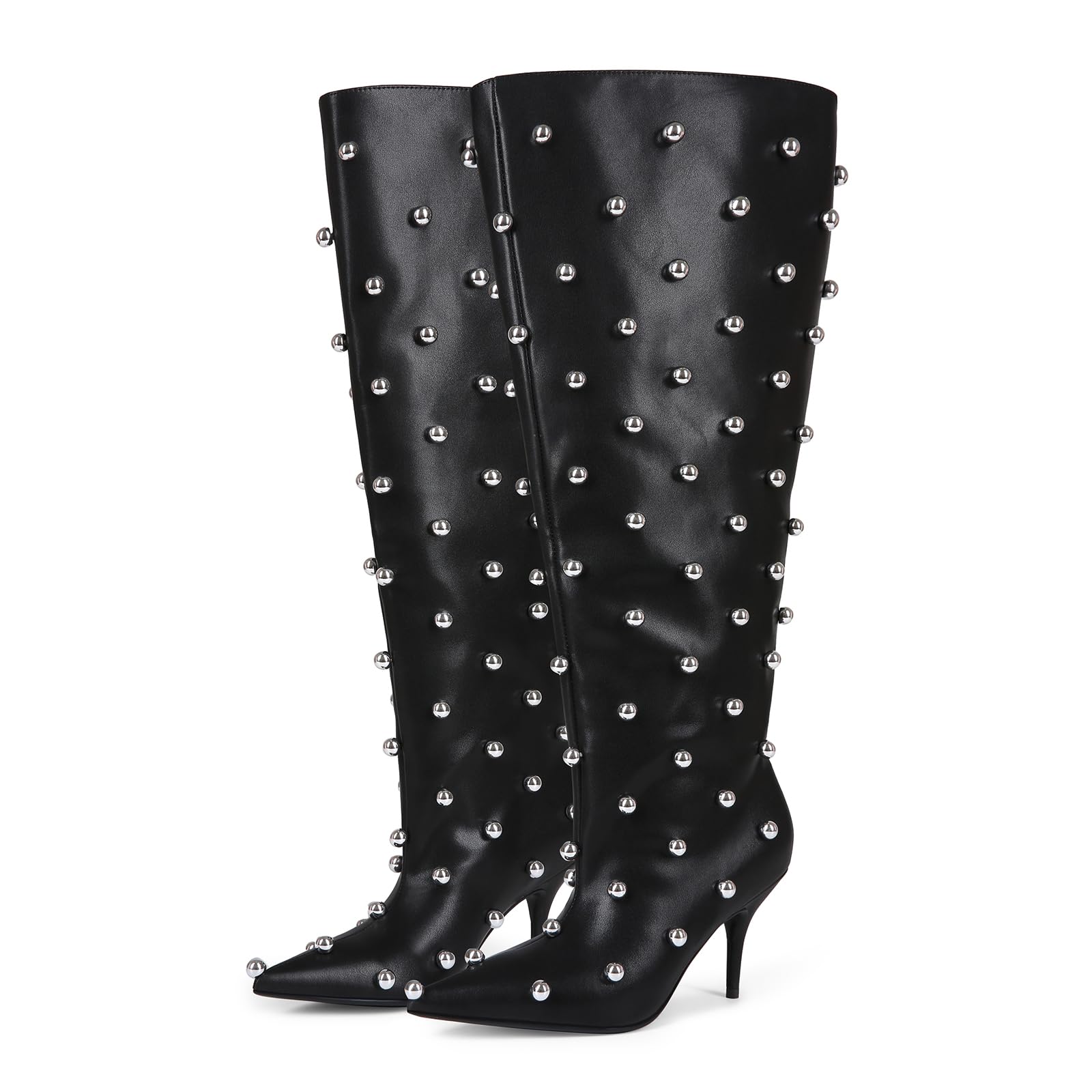 Wide Calf Boots for Women 3 4 Inch Stiletto Heels Knee High Pointed Toe Studded Black Pull On