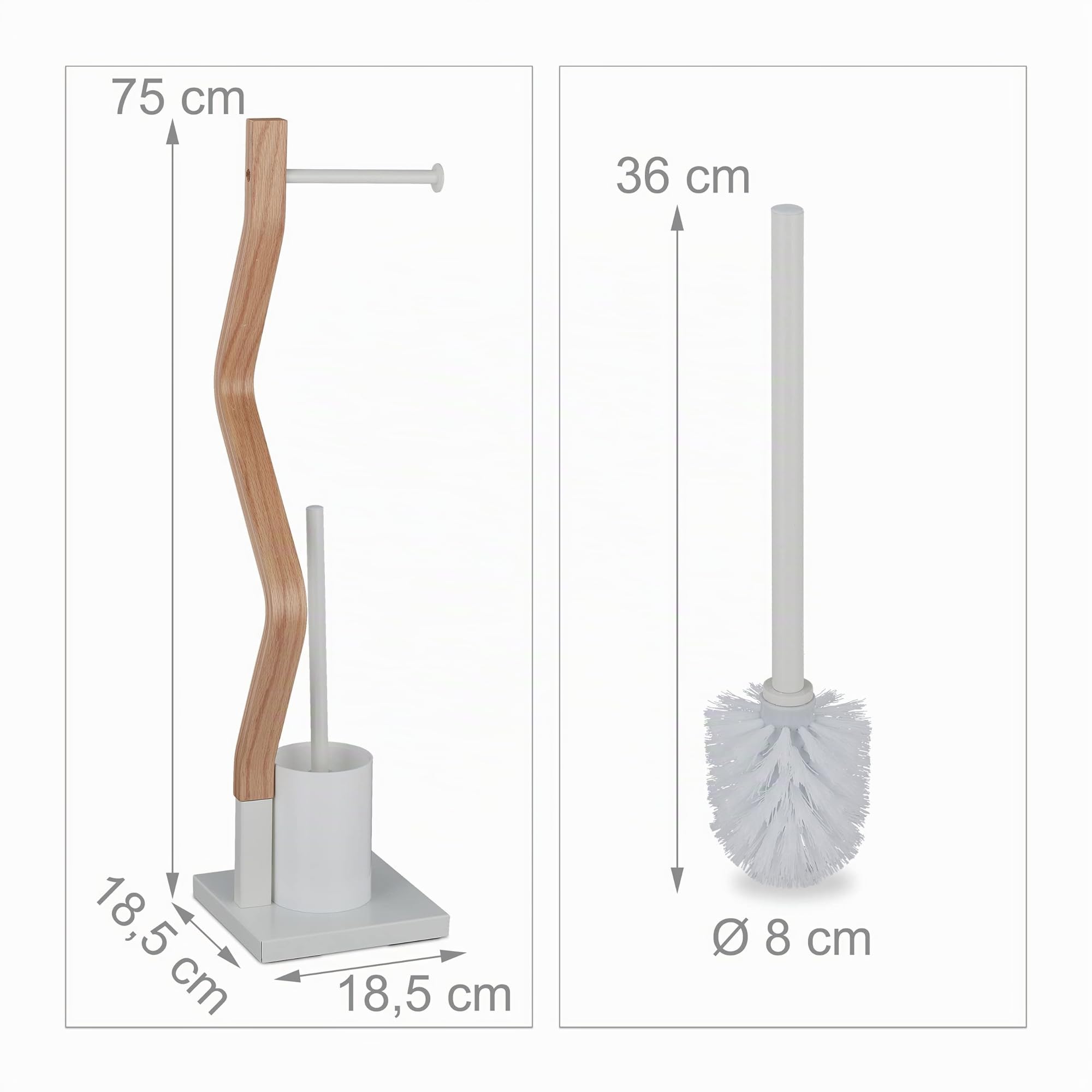 Relaxdays Piantana Portarotolo e Scovolino, Portascopino, WC, Bagno, Acciaio e MDF, HLP 75x18,5x18,5 cm, Bianco Naturale